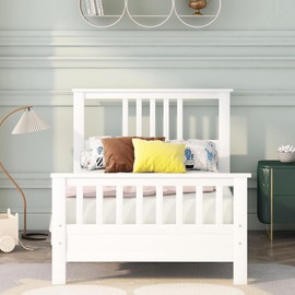 Merax Twin Bed Frame,Twin Platform Bed with Headboard,Wood Twin Size Bed Frame for Kids,No Spring Box Needed (White Twin Bed)