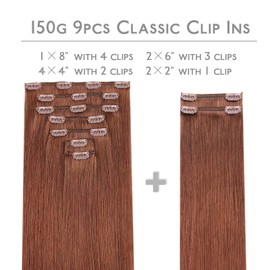 WENNALIFE Clip in Hair Extensions Real Human Hair, 20 Inch 150g 9pcs Human Hair Extensions Clip In, Dark Auburn Copper Hair Extensions Clip In Real Hair Coloured Remy Human Hair Extensions