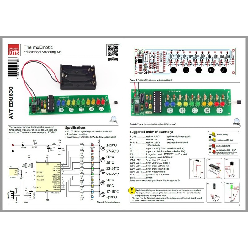 AVTEDU630 KIT DIY ThermoEmoticon, LED Thermometer, Thermometer DIY, Electronics Kit,