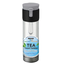 casaWare Trio Tea Clear Travel Tumbler, 12-Ounce, Double Wall, Tritan Impact Resistant Exterior, Heat Resistant Borosilicate Glass Core, Leak Proof (Clear Gray)