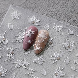 5D Flower Nail Art Stickers Spring Embossed Nail Stickers Summer Nail Decals with Pearl, 1PCS Floral Sliders Design DIY Self Adhesive Nail Art Supplies for Women Manicure Decoration Accessories