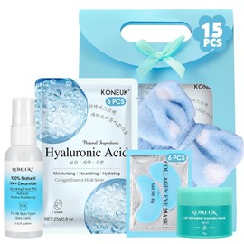 Paquete de 15 unidades de cuidado de la piel con máscaras faciales, parches debajo de los ojos, niebla facial, máscara labial, diadema, cuidado de la piel para mujeres, kit de viaje y relleno de