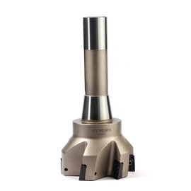 YUFUTOL Nickel Plated Indexable End Mill with 6 Pcs APKT1604 Carbide Inserts, 3"Cutting Diameter, 90 Degree, R8 Shank, 6 Flutes