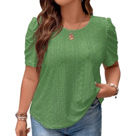 EyMuse Plus Size Womens Tops Eyelet Embroidery Summer Spring Fashion Puff Sleeve Tees 2024 Casual Short Sleeve Blouse T Shirts,Emerald green,4XL