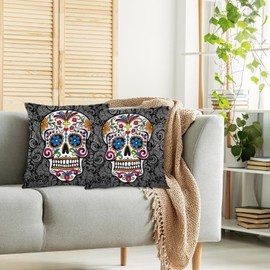 Swono Sugar Skull Set of 2 Square 18x18 Inch Throw Pillow Cover Mexican Day of The Dead Sugar Skull Rose Soft Pillowcases Pillow Cushion Covers for Home Sofa Couch Garden Bench Car Decoration