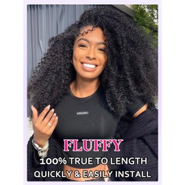 Kinky Curly Half Wig Human Hair 220% Density 3 In 1 True To length 20 Inch Curly Half Wigs for Black Women Kinky Edges Seamless Flip Over Drawstring Wear Go Glueless Afro Curly Headband Wig Human Hair