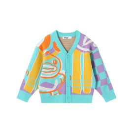 B.Duck Girls Boys Knit Cardigan Sweaters Cute Cartoon Yellow Duck Graphic Printed Long Sleeve V Neck Button Down Clothes for Toddler Unisex Kids Blue Size 7-8 Years