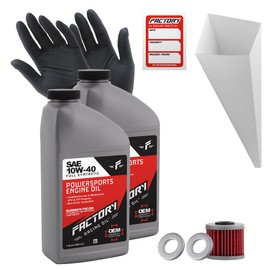 Factory Racing Parts Oil Change Kit compatible with Honda CRF150R, CRF250R/X, CRF450R/X – Includes 2 Quarts of 10W-40 Full Synthetic Oil, 1 Filter, 2 Crush Washers, 1 Funnel, 1 Oil Change Sticker