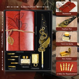 GrnVibe Quill Pen and Ink Set Antique Calligraphy Pen Set with Feather Pen,Leather Notebook for Writing,5 Replaceable Nibs,Pen Holder,Ink,Calligraphy Pens for Beginners Vintage Decor Gift Set