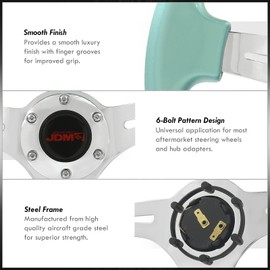 AJP Distributors JDM Sport Universal 350mm 14" 6-Bolt Hole Heavy Duty Steel Steering Wheel Metallic Green Frame Polished Light Weight 3 Spoke Horn Button Grip Stance Drifting Center