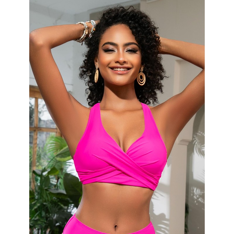 SHEKINI Women's Bikini Top Crossover Pleated Backless Push Up Adjustable