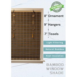 THY COLLECTIBLES Cordless Bamboo Window Blind Sun Shade, Light Filtering Roller Shades with Oriental Themed Decorative Brass Hooks (Brown & Tan, W36 X H72)