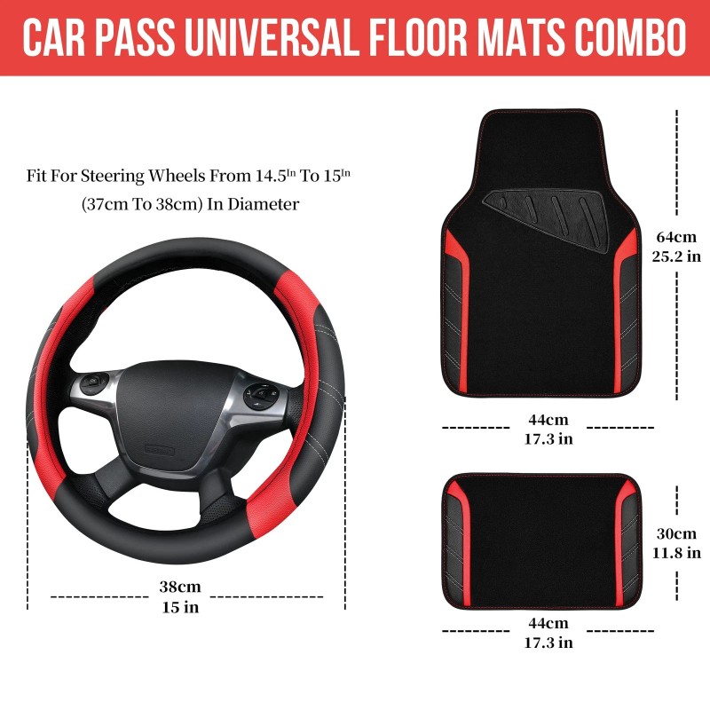 CAR PASS Leather Steering Wheel Cover and Waterproof Car Floor