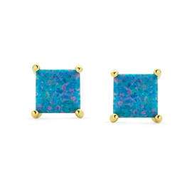 Simple Classic Green Blue Opulence Gemstone Created Opal Square Princess Cut Stud Earrings 14K Yellow Gold Plated .925 Sterling Silver 5MM October Birthstone