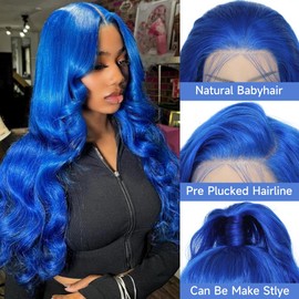 KEGOO Blue Lace Front Wig Human Hair 30 Inch 13x4 Blue Human Hair Wig 200% Density Body Wave Dark Blue Lace Front Wigs Human Hair Pre Plucked Blue HD Transparent Colored Lace Front Wigs Human Hair