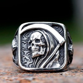ZMY Home Gothic Skull Ring Stainless Steel Signet Ring for Men Reaper Ring with Hook Design Jewelry Gift (10)