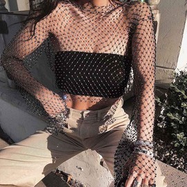 Fstrend Mesh Body Chains Rhinestone Crystal See Through Crop Tops Fishnet Dress Cover Up Black EDM Festival Outfits for Women