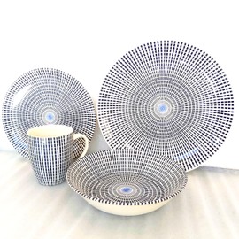 TUDOR ROYAL 24-Piece Round Porcelain Dinnerware Set, Service for 6, SINGAPORE Design, Geometric Radial, Blue, Plates Bowls Mugs Dishes, High Gloss, Premium Quality