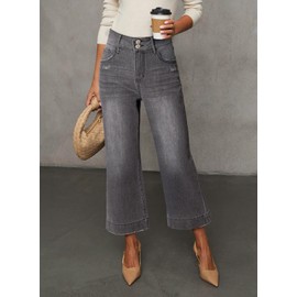 Dokotoo Wide Leg Pants Jeans for Women Trendy Womens Pants High Waisted Pants Baggy Straight Petite Jeans 2024 Outfits Fashion Clothes Casual Summer Pants Pocket Trousers Stretch Denim Medium Grey