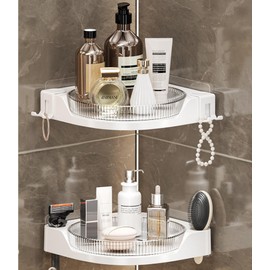 KOUHTIKA 360 Rotating Makeup Organizer Corner Spinning Bathroom Organizer 1 Pack Corner Shower Rack with Hooks for Perfume Lotion Skincare Organizer Countertop Kitchen Storage(Clear)