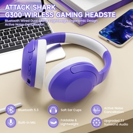 LexonElec x ATTACK SHARK G300 Wireless Active Noise Cancelling Headset, Bluetooth 5.3 Deep Bass HD Stereo Sound Over Ear, 20H Playtime, Built-in Mic Lightweight Design 3.5mm Gaming Headset(Purple)