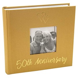 Happy Homewares Lovely Golden 50th Wedding Anniversary Photo Album with Double Heart Decoration - Inner Lining Pages to Personalize