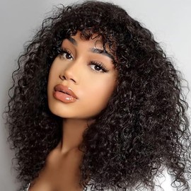 DÉBUT Real Hair Wig with Fringe Short Curly Bob Wig Real Hair Jerry Curl Bob Wig for Black Women 150% Density Not Lace Front Glueless Wig (35 cm, 1B)