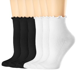 OFFTESTY Women's Socks, Ruffle Turn Cuff Casual Ankle Socks Breasted Cool Knit Cotton Lettuce Hollow Lily Socks 6 Pack, Black and White