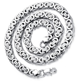 Flongo Men's Byzantine Chain, Men's Chain, 9 mm Wide Stainless Steel Necklace, Chains, Black Silver Rose Gold Chain, 57 cm, Rau Rock Men's Accessories, Stainless Steel, Silver