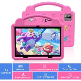 VOLENTEX 10.1 inch Kids Tablet, Android 15 Tablets with Case, 64GB Pad for Age 3-15 Toddler, 6000mAh, WiFi, Bluetooth, Dual Camera, Educationl, Games,Parental Control