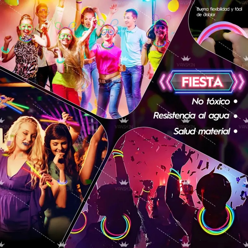 Pack de 100 Pulseras Neón Luminosas y Fluorescentes con Conectores