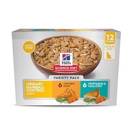Hill's Science Diet Adult Urinary & Hairball Control Wet Cat Food Variety Pack, Chicken Stew, Vegetables & Tuna Stew, 2.9 oz. Cans, 12-Pack