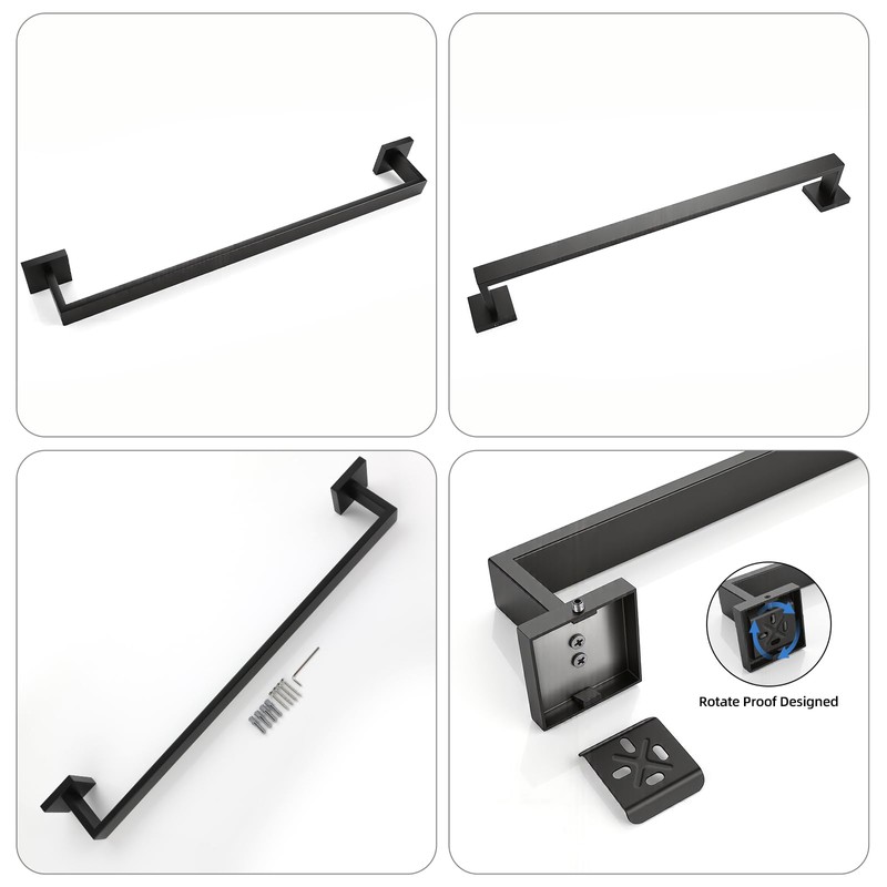 23.6 Inch Matte Black Bathroom Towel Bar Set, 2-Piece Square