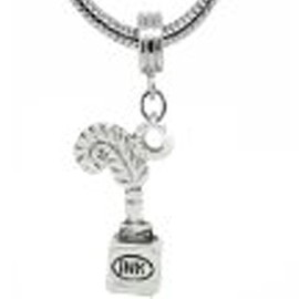 Sexy Sparkles Quill Feather Pen and Ink Bottle Charm Dangle Bead for snake Chain charm Bracelet