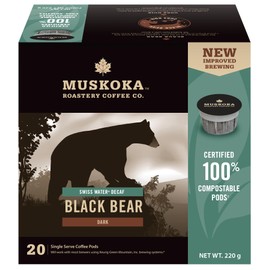 Muskoka Roastery Coffee, Black Bear, Decaf Dark Roast, 20 Single Serve Coffee Pods, Compatible with K-Cup Keurig Brewers, 200g