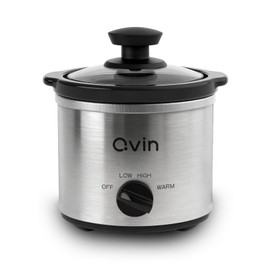 Qvin 0.65 Quart Mini Slow Cooker with Temperature Control, Stainless Steel and Black, Round Fondue Melting Pot with Glass Lid, Dishwasher Safe Stoneware