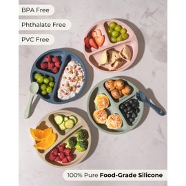 Hippypotamus Toddler Plates with Suction - 100% Food-Grade Silicone Baby Plates with Lids - Microwave & Dishwasher Safe - BPA Free - Set of 3 (Pink/Mint/Lavender with LIDS)