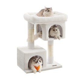 Feandrea Cat Tree, 33.1-Inch Cat Tower, L, Cat Condo for Large Cats up to 16 lb, Large Cat Perch, 2 Cat Caves, Scratching Post, Cream White UPCT061T01