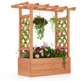 HAPPYGRILL Raised Garden Bed with Trellis, Wooden Elevated Planter Box w/Hanging Roof, Drainage Holes & Removable Bottom Panels for Climbing Vine Flower, Indoor Outdoor Wood Planter for Yard Patio