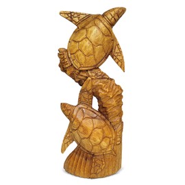 G6 Collection Wooden Hand Carved Two Turtles on Coral Statue Sculpture Wood Home Decor Figurine Handcrafted Handmade Seaside Tropical Nautical Ocean Coastal Two Tortoise (12" Tall)