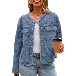 Glamaker Jean Jacket Women Denim - Long Sleeve Button Down Diamond Quilted Lightweight Jackets Fall Winter Shacket Coats,Sky Blue S