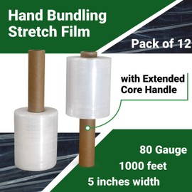 IDL Packaging - F-51-12 5”x 1000’ Stretch Wrap Mini Roll of 80 Gauge with Extended Cardboard Handle (Pack of 12 Rolls) – Extra Sticky Clear Shrink Wrap Film – Great for Moving and Office Needs