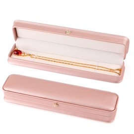 iSuperb Set of 2 Pink Necklace Long Chain Box Bracelet Jewelry Storage Case PU Leather Pendant Chain Gift for Wedding Anniversary Engagement