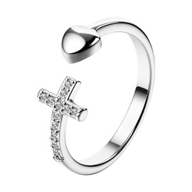 Flonge Women's Christian Purity Ring: Adjustable Love Open Rings Dainty Cubic Zirconia Cross Ring Religious Faith Jewelry Gift for Women Silver