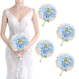 SEMONONIA Set of 4 Bridesmaid Bouquets for Wedding - 7 Inch Fake Flower Bouquet for Bridesmaid, Silk Rose Artificial Babys Breath Small Bouquet Handmade for Bridal Shower Ceremony Anniversary