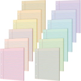 PerKoop 12 Pack 600 Sheets Colored Lined Paper Bulk Wide Ruled 8 x 10.5 Inches, Pastel Loose Leaf Notebook Paper 3 Hole Punched Filler for Classroom Supplies Christmas Operation Gifts(Light Color)