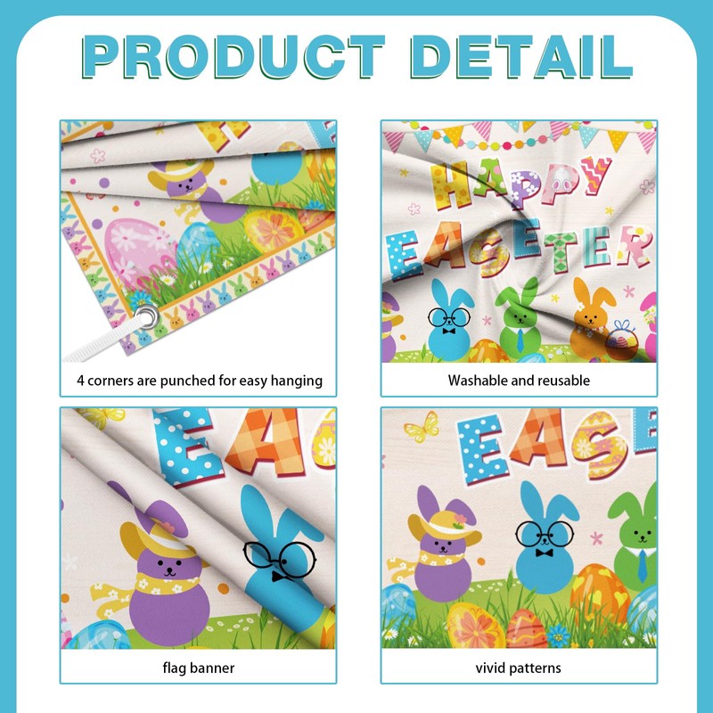 6x3.6ft Happy Easter Banner Cute Easter Bunny Style Backdrop for