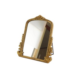 Vintage Vanity Makeup Desk Mirror Antique Traditional Chic Arch Table Mirror Gold，Decor Wood Framed Small Standing Carved Arendahl Mirror for Living Room,Bedroom,Tabletop 11.8" x 9.6"