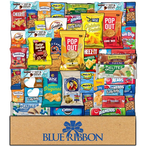 BLUE RIBBON Snack Box Care Package Variety Pack (52 Count) Cookies Chips Candy Snacks Box for Everyone