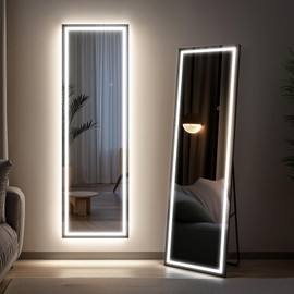 Kosmonia 64x22 Full Length Mirror, Dimmable 3 Color LED Light w/Memory Function, Distortion Free, HD Reflection & Anti Desilvering, Tempered Glass & Shatter Proof Film Doubling Safety